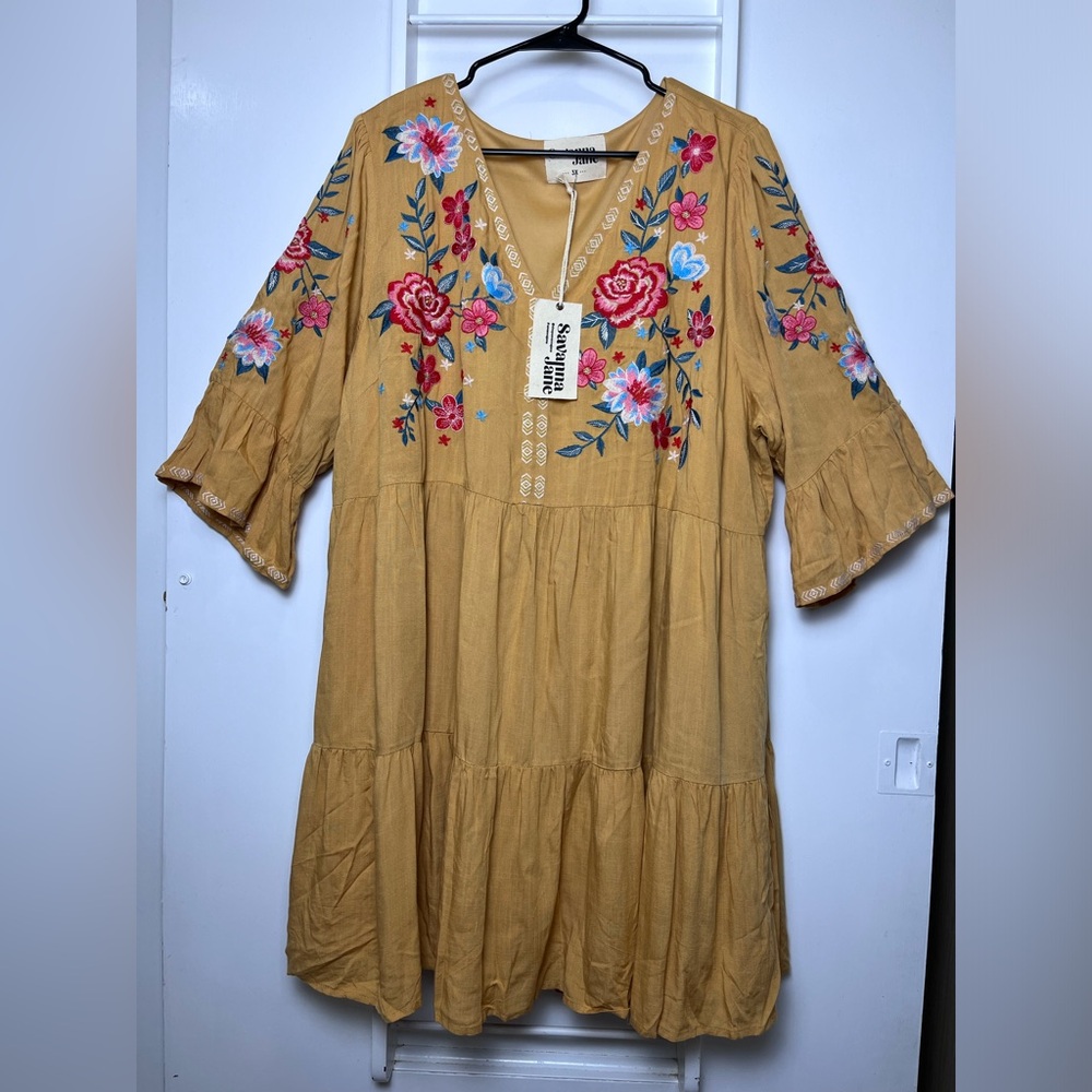 Savanna Jane Marigold Yellow Mustard Dress Babydoll Size 3XBoho Floral Embroider